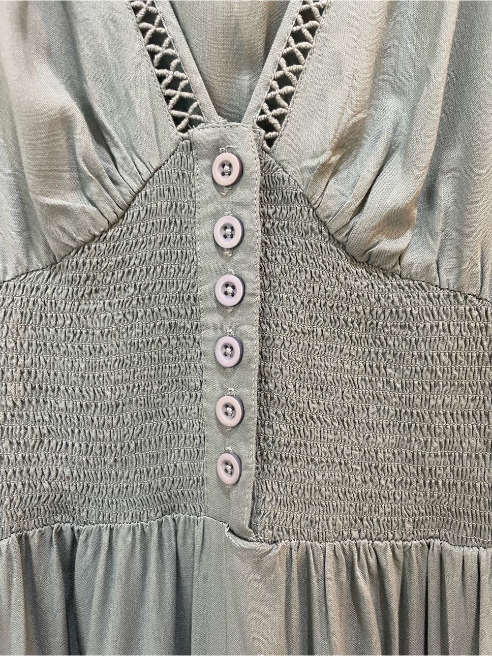 Patrons of Peace Eucalyptus Slate Blue Smocked V-Neck Wide Leg Jumpsuit M Unworn - Picture 3 of 7
